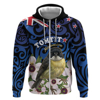 Tomtit New Zealand Personalised Hoodie Miromiro Manuka Flower Maori Pattern LT22 Zip Hoodie Blue - Polynesian Pride