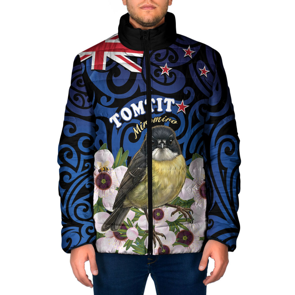 Tomtit New Zealand Personalised Padded Jacket Miromiro Manuka Flower Maori Pattern LT22 Men Blue - Polynesian Pride
