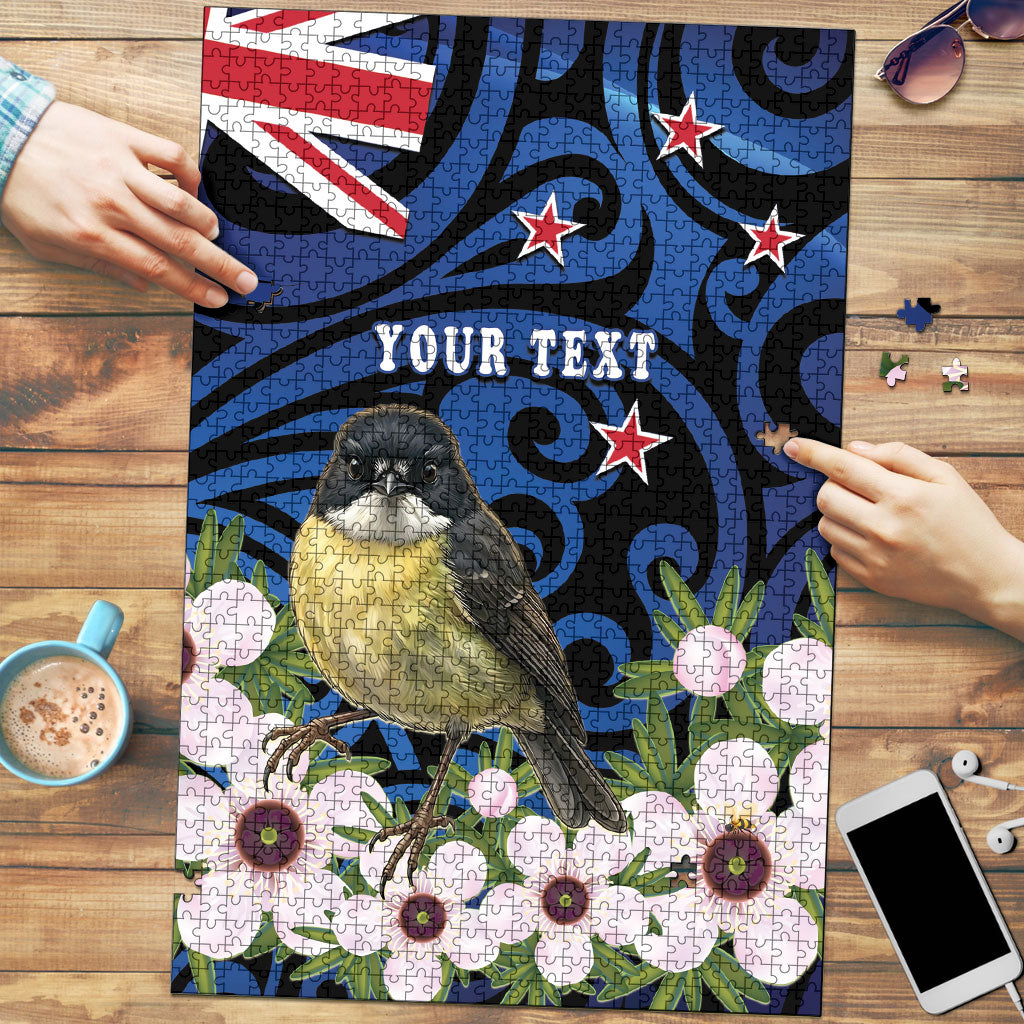 Tomtit New Zealand Personalised Puzzle Miromiro Manuka Flower Maori Pattern LT22 Blue - Polynesian Pride