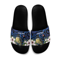 Tomtit New Zealand Personalised Slide Sandals Miromiro Manuka Flower Maori Pattern LT22 Blue - Polynesian Pride