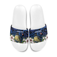 Tomtit New Zealand Personalised Slide Sandals Miromiro Manuka Flower Maori Pattern LT22 Blue - Polynesian Pride