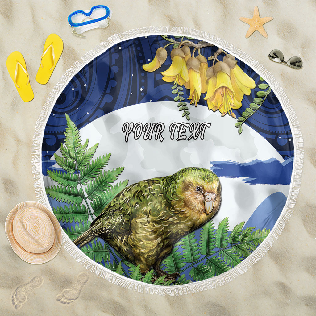 Kakapo New Zealand Personalised Beach Blanket Kowhai Flower Silver Fern Maori Pattern LT22 One Size 150cm Blue - Polynesian Pride