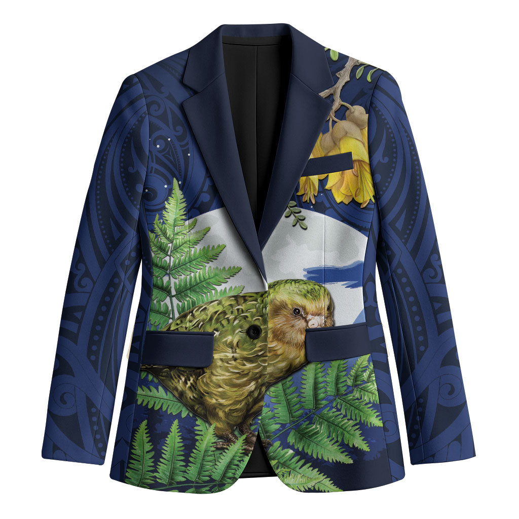 Kakapo New Zealand Personalised Blazer Kowhai Flower Silver Fern Maori Pattern LT22 Unisex Blue - Polynesian Pride