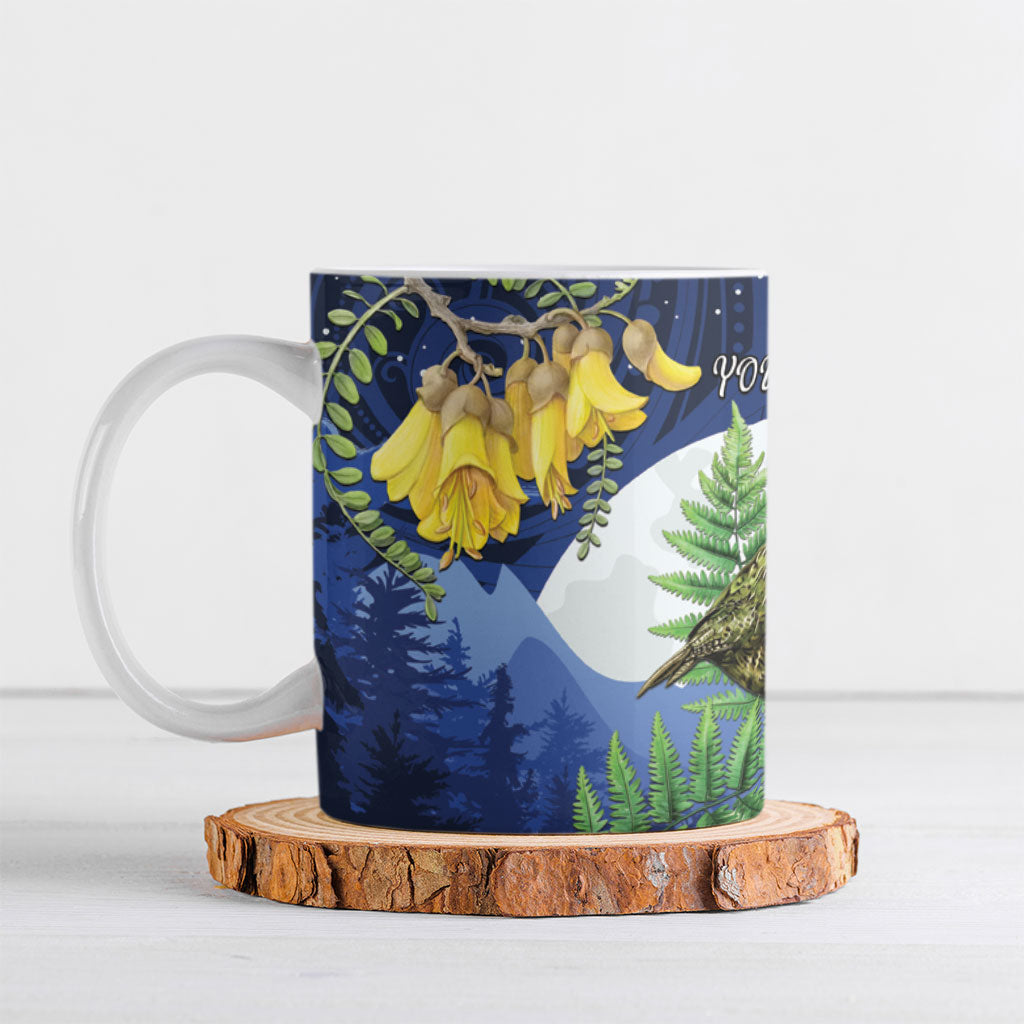 Kakapo New Zealand Personalised Ceramic Mug Kowhai Flower Silver Fern Maori Pattern LT22 Blue - Polynesian Pride