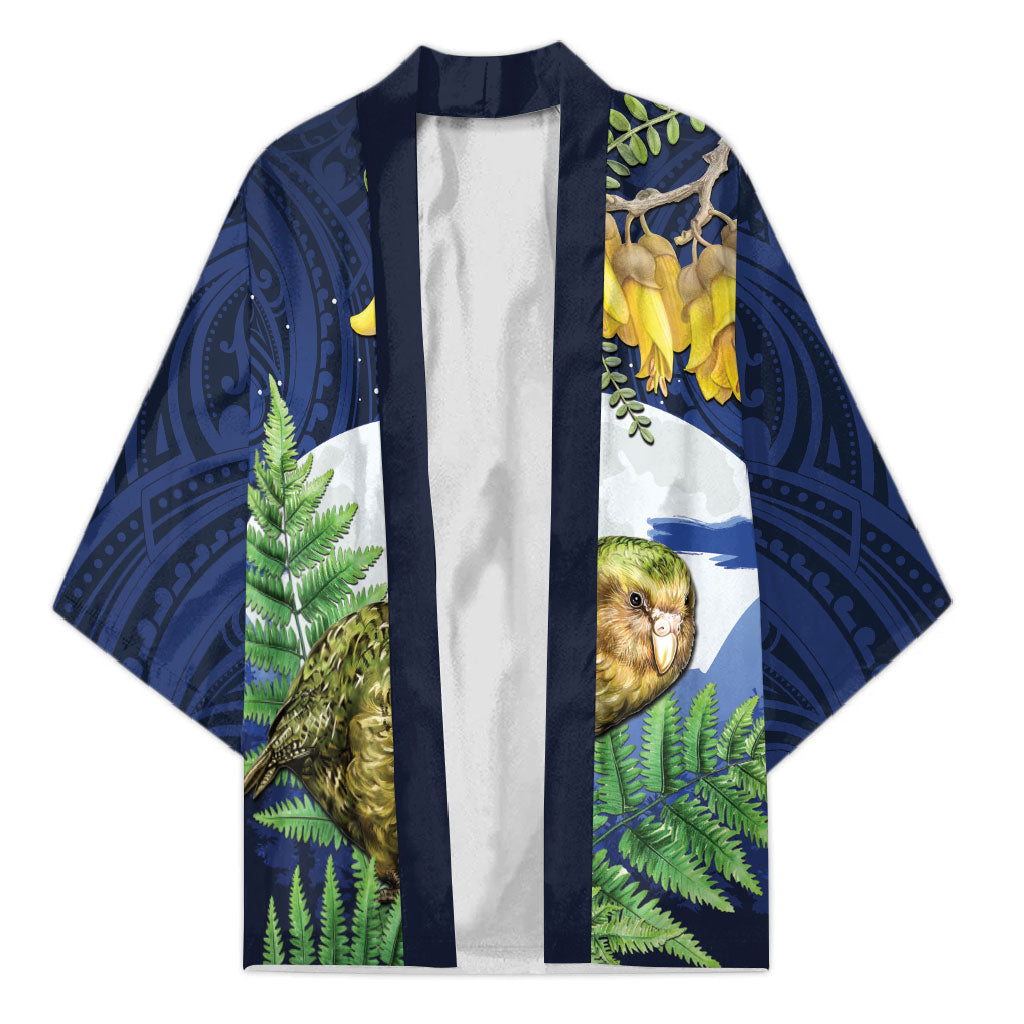 Kakapo New Zealand Personalised Kimono Kowhai Flower Silver Fern Maori Pattern LT22 Unisex Blue - Polynesian Pride