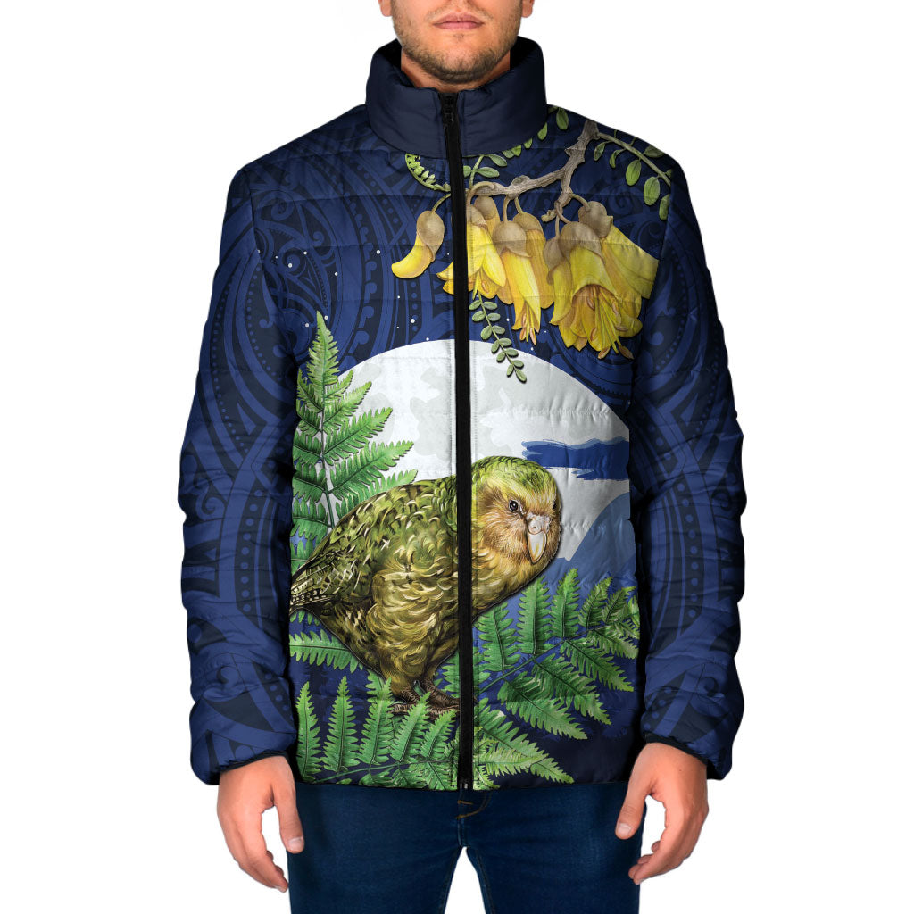 Kakapo New Zealand Personalised Padded Jacket Kowhai Flower Silver Fern Maori Pattern LT22 Men Blue - Polynesian Pride
