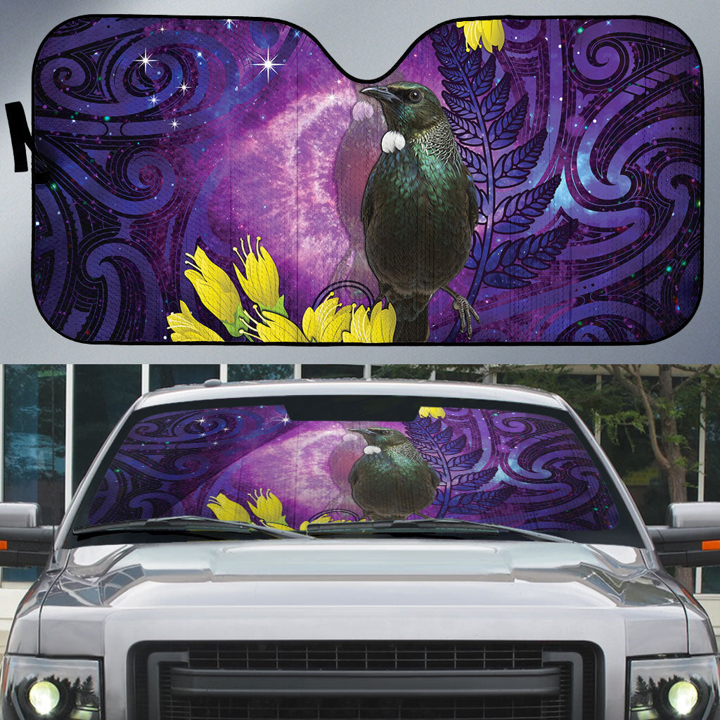 New Zealand Tui Bird Matariki Auto Sun Shade Kowhai Flower Silver Fern Galaxy Maori Pattern LT22 Purple - Polynesian Pride