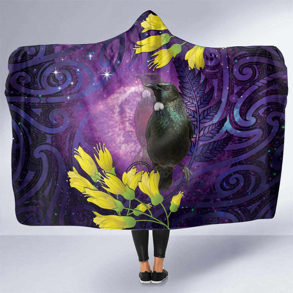 New Zealand Tui Bird Matariki Hooded Blanket Kowhai Flower Silver Fern Galaxy Maori Pattern LT22 One Size Purple - Polynesian Pride