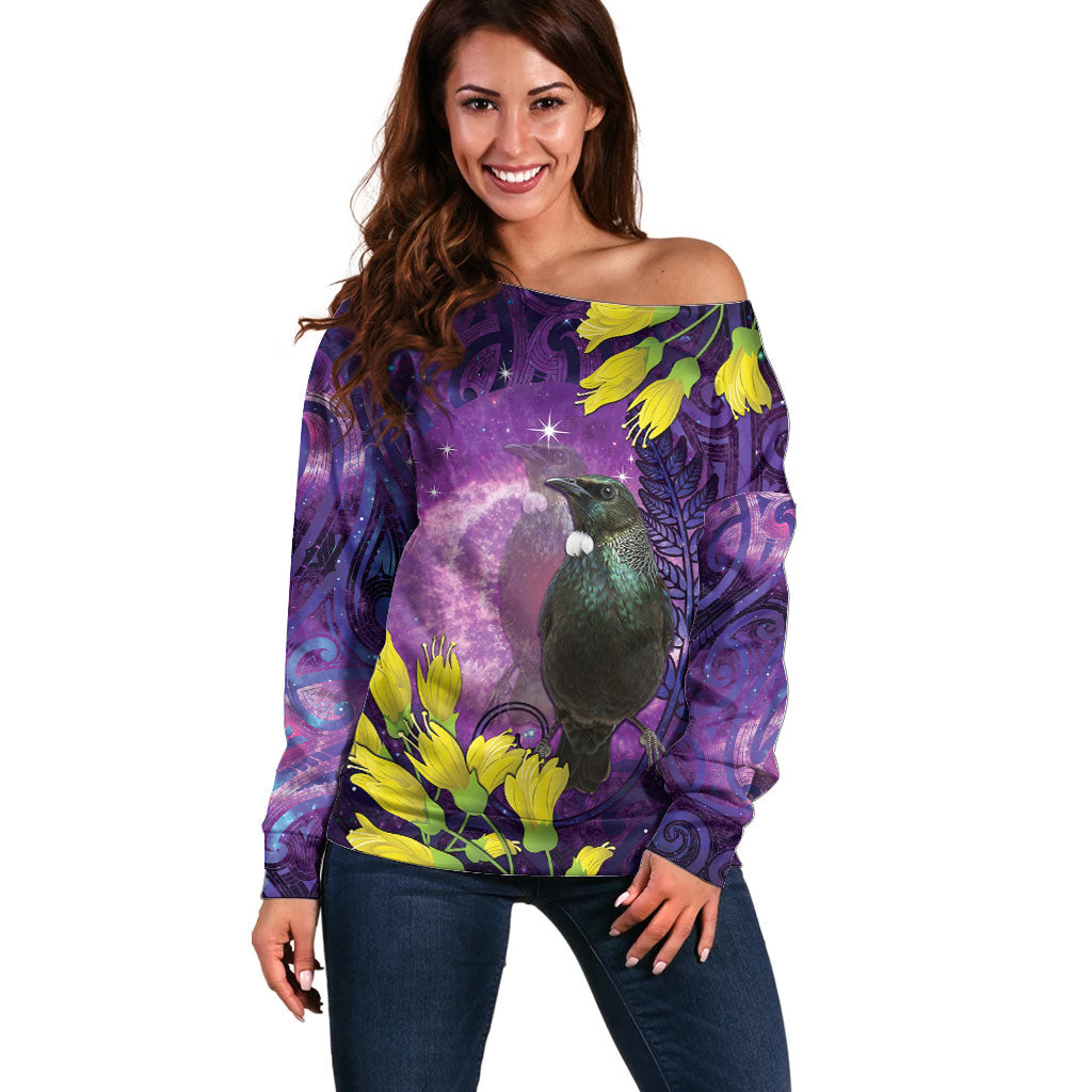 New Zealand Tui Bird Matariki Off Shoulder Sweater Kowhai Flower Silver Fern Galaxy Maori Pattern LT22 Women Purple - Polynesian Pride