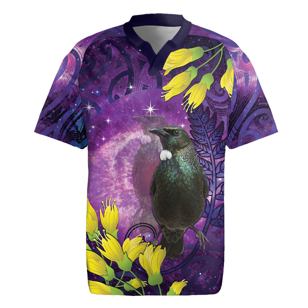 New Zealand Tui Bird Matariki Rugby Jersey Kowhai Flower Silver Fern Galaxy Maori Pattern LT22 Purple - Polynesian Pride