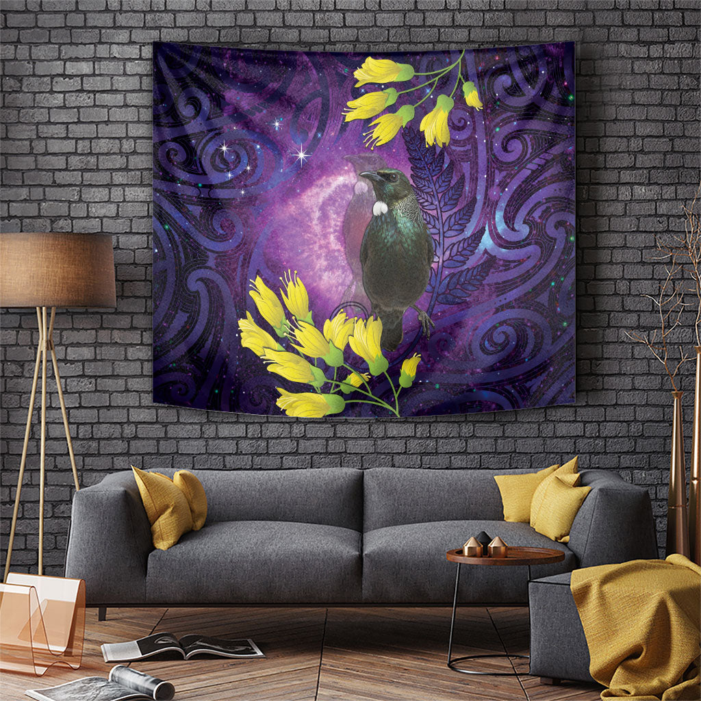 New Zealand Tui Bird Matariki Tapestry Kowhai Flower Silver Fern Galaxy Maori Pattern LT22 Purple - Polynesian Pride