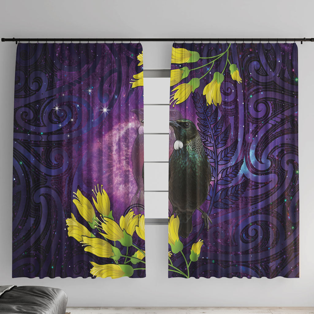 New Zealand Tui Bird Matariki Window Curtain Kowhai Flower Silver Fern Galaxy Maori Pattern LT22 With Hooks Purple - Polynesian Pride