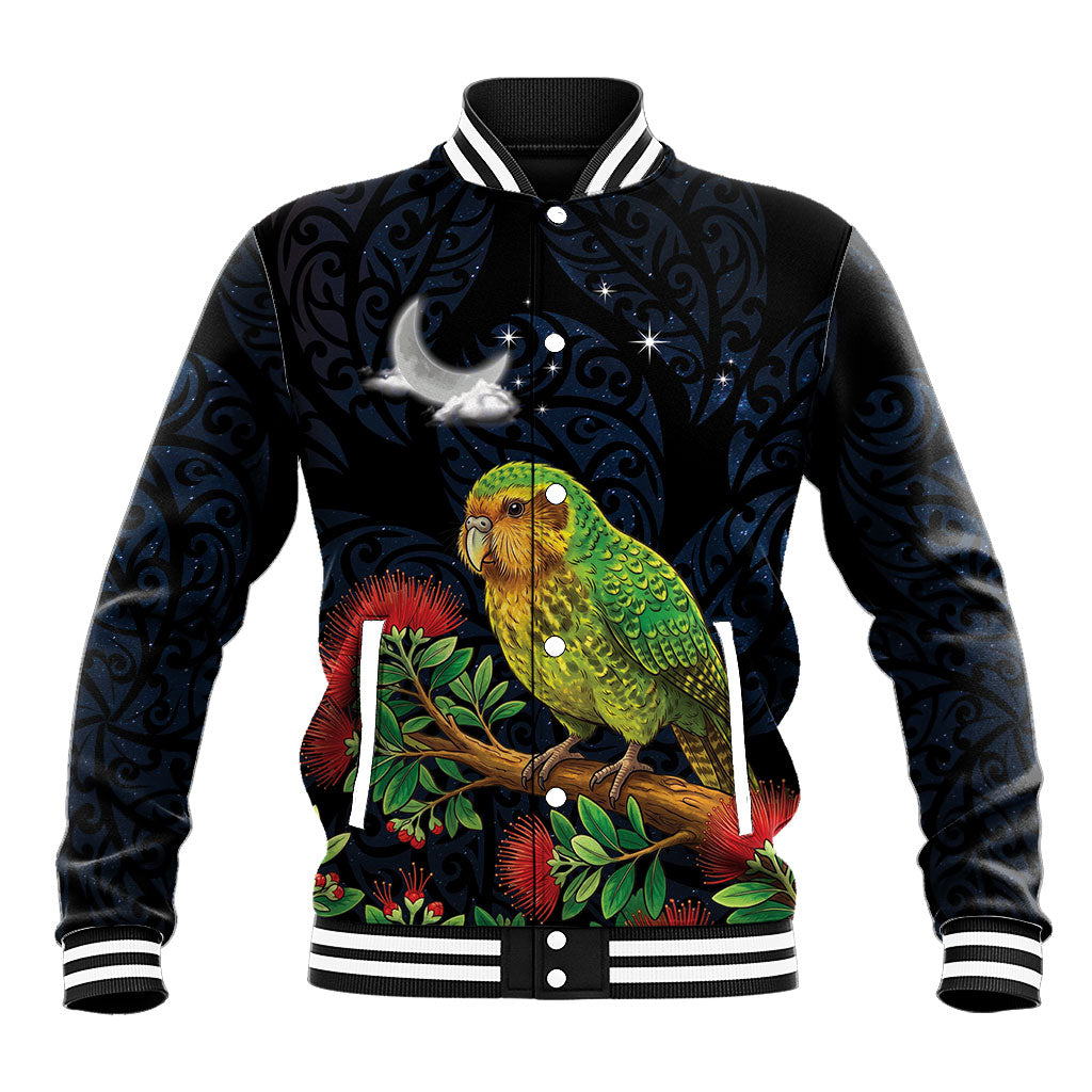 New Zealand Kakapo Matariki Personalised Baseball Jacket Pohutukawa Flower Galaxy Maori Pattern LT22 Unisex Black - Polynesian Pride