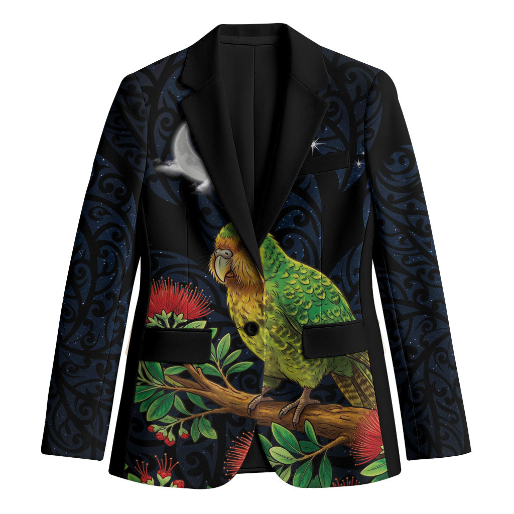 New Zealand Kakapo Matariki Personalised Blazer Pohutukawa Flower Galaxy Maori Pattern LT22 Unisex Black - Polynesian Pride