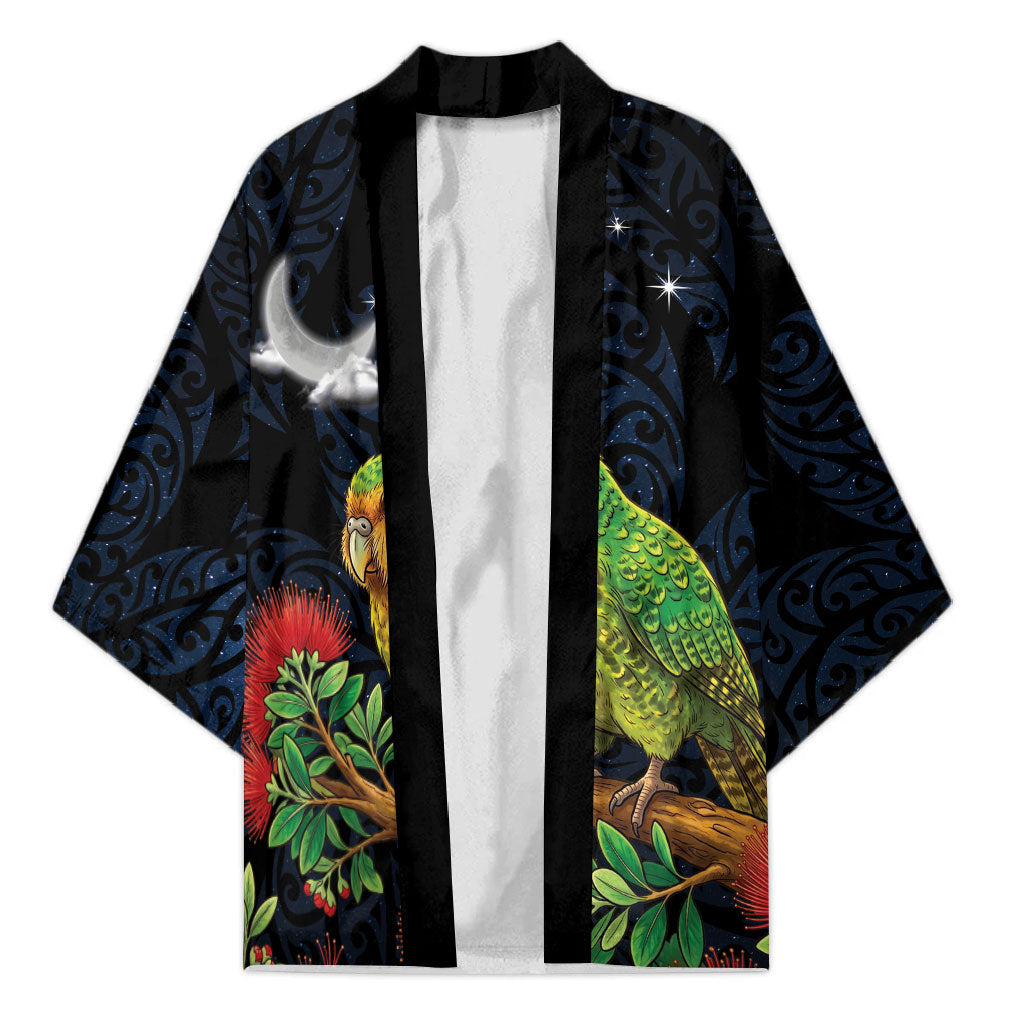 New Zealand Kakapo Matariki Personalised Kimono Pohutukawa Flower Galaxy Maori Pattern LT22 Unisex Black - Polynesian Pride