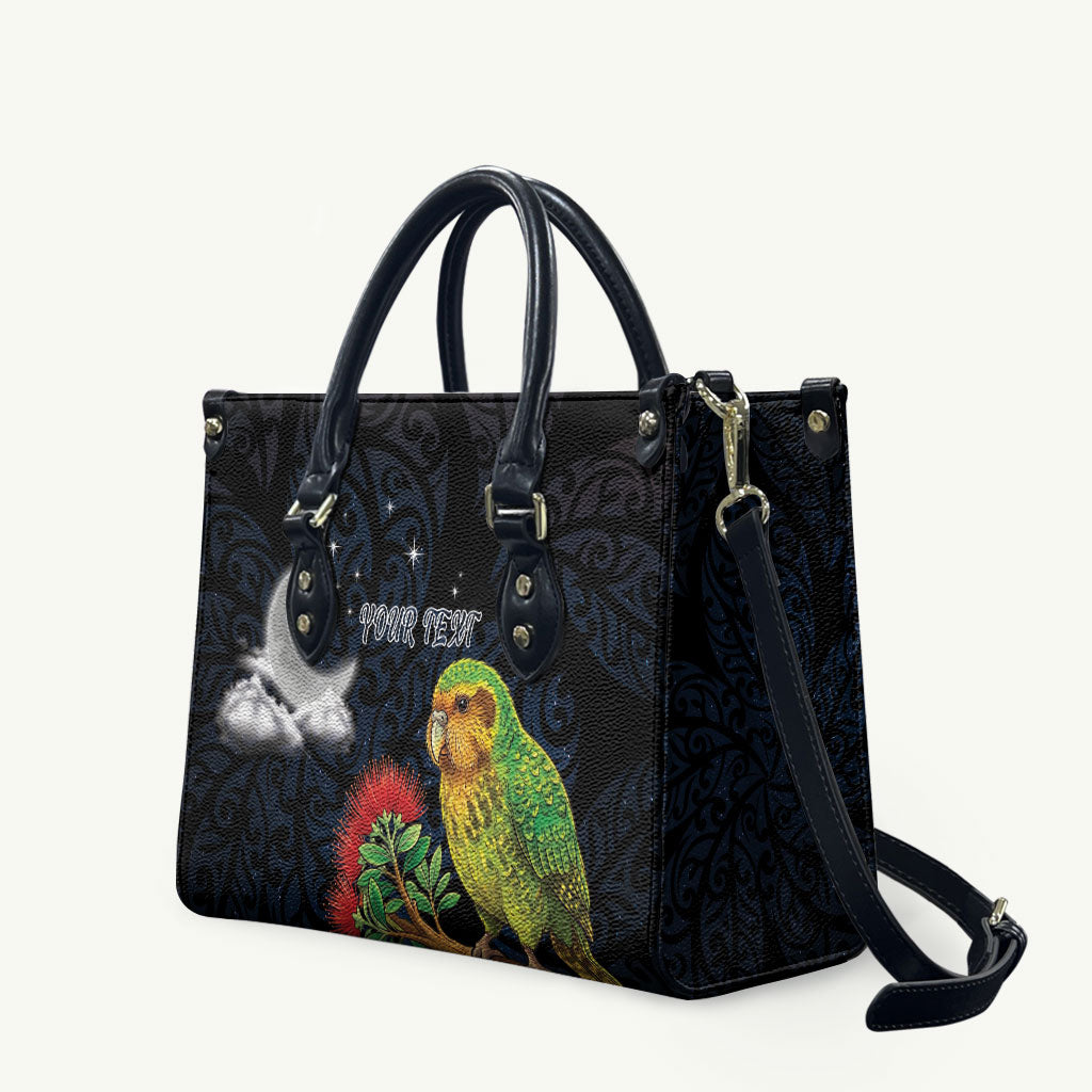 New Zealand Kakapo Matariki Personalised Leather Bag Pohutukawa Flower Galaxy Maori Pattern LT22 Black - Polynesian Pride