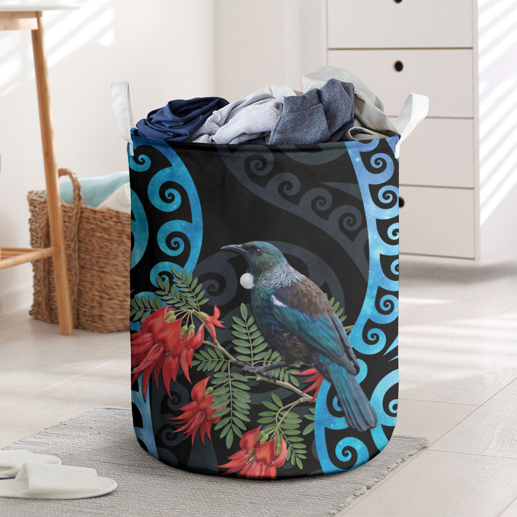 Tui Bird Kakabeak New Zealand Laundry Basket Clianthus Galaxy Maori Koru Pattern LT22 Blue - Polynesian Pride