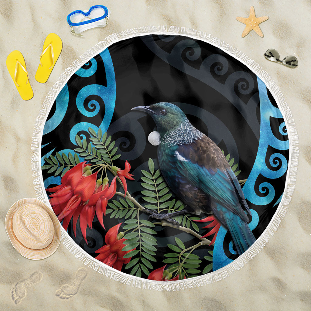 Tui Bird Kakabeak New Zealand Beach Blanket Clianthus Galaxy Maori Koru Pattern LT22 One Size 150cm Blue - Polynesian Pride