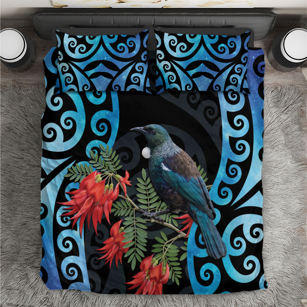 Tui Bird Kakabeak New Zealand Bedding Set Clianthus Galaxy Maori Koru Pattern LT22 Blue - Polynesian Pride