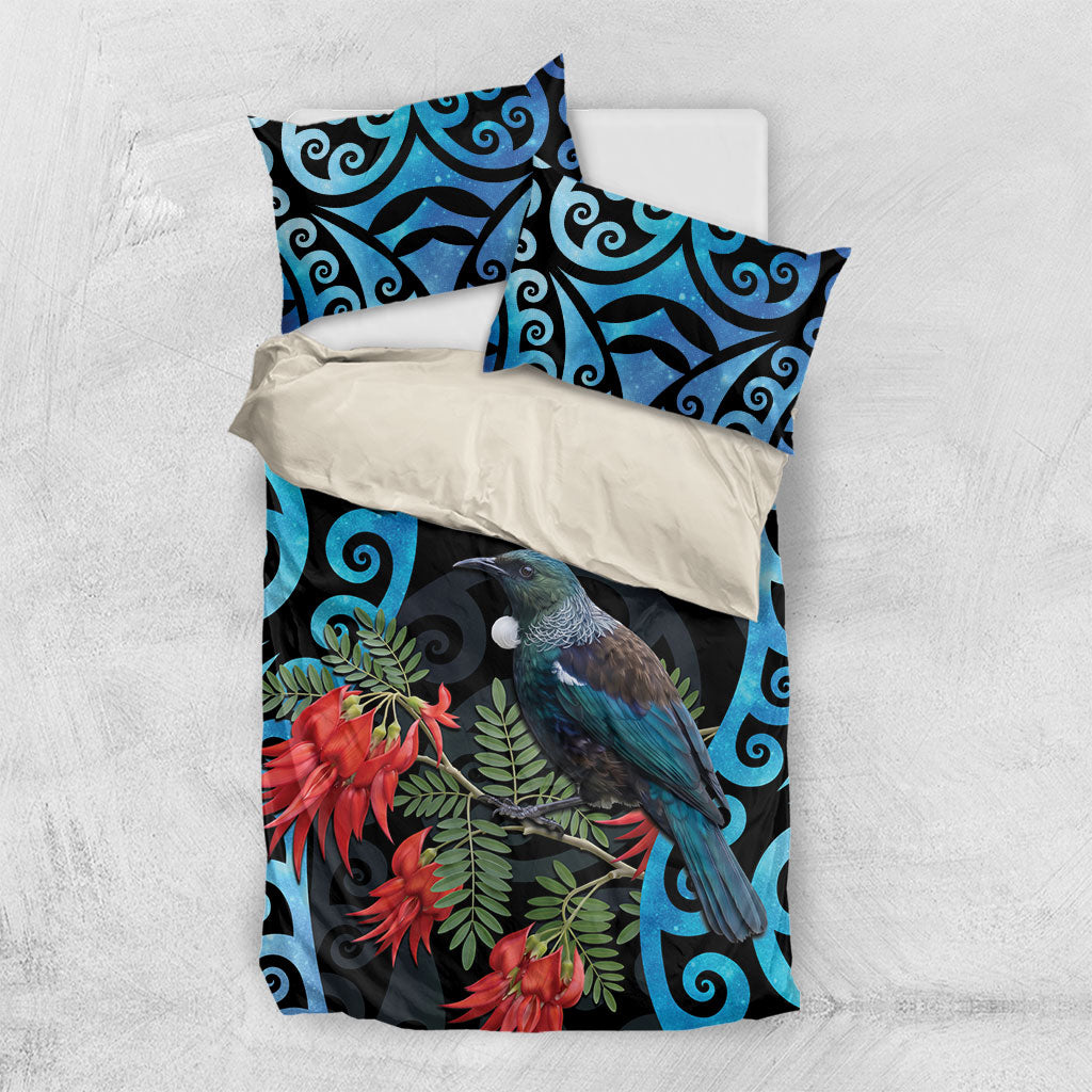 Tui Bird Kakabeak New Zealand Bedding Set Clianthus Galaxy Maori Koru Pattern LT22 US Twin 172cm x 218cm Blue - Polynesian Pride