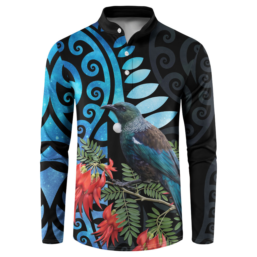 Tui Bird Kakabeak New Zealand Button Sweatshirt Clianthus Galaxy Maori Koru Pattern LT22 Blue - Polynesian Pride