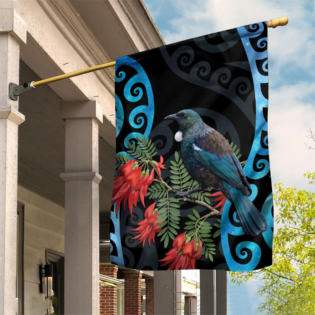 Tui Bird Kakabeak New Zealand Garden Flag Clianthus Galaxy Maori Koru Pattern LT22 House Flag Blue - Polynesian Pride