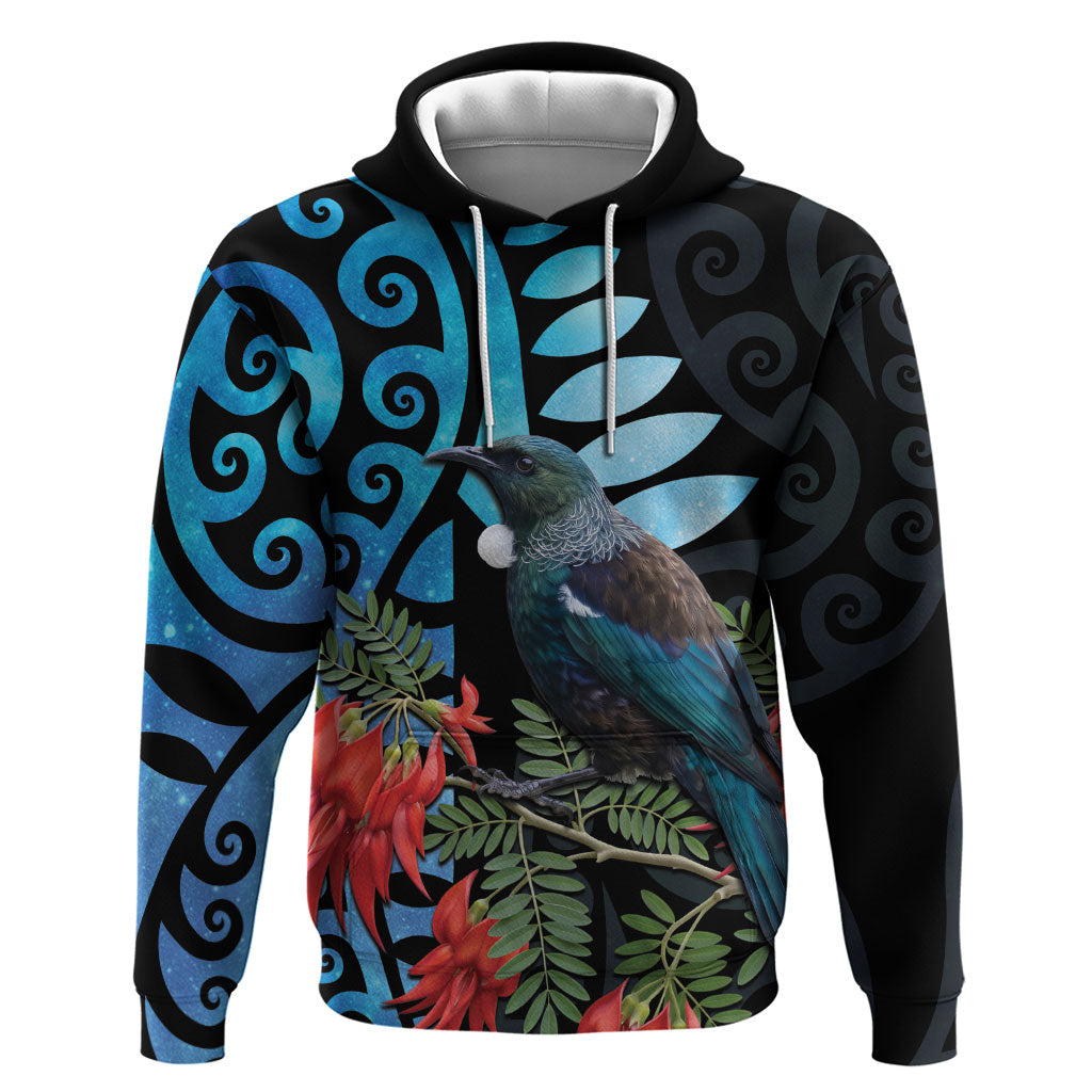 Tui Bird Kakabeak New Zealand Hoodie Clianthus Galaxy Maori Koru Pattern LT22 Pullover Hoodie Blue - Polynesian Pride