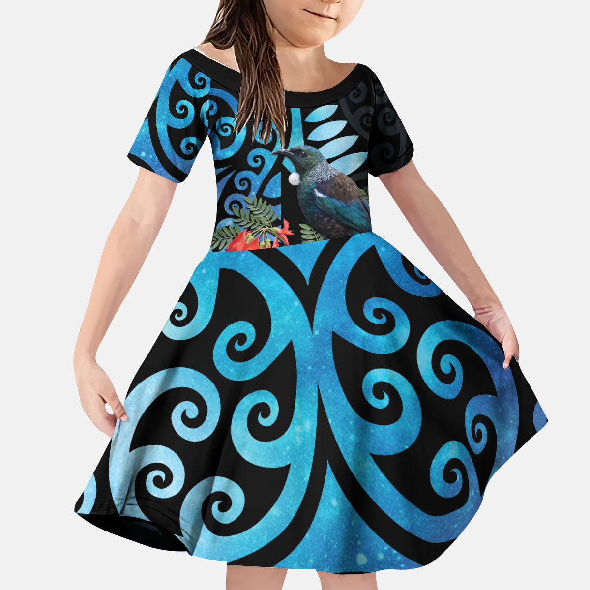 Tui Bird Kakabeak New Zealand Kid Short Sleeve Dress Clianthus Galaxy Maori Koru Pattern LT22 KID Blue - Polynesian Pride