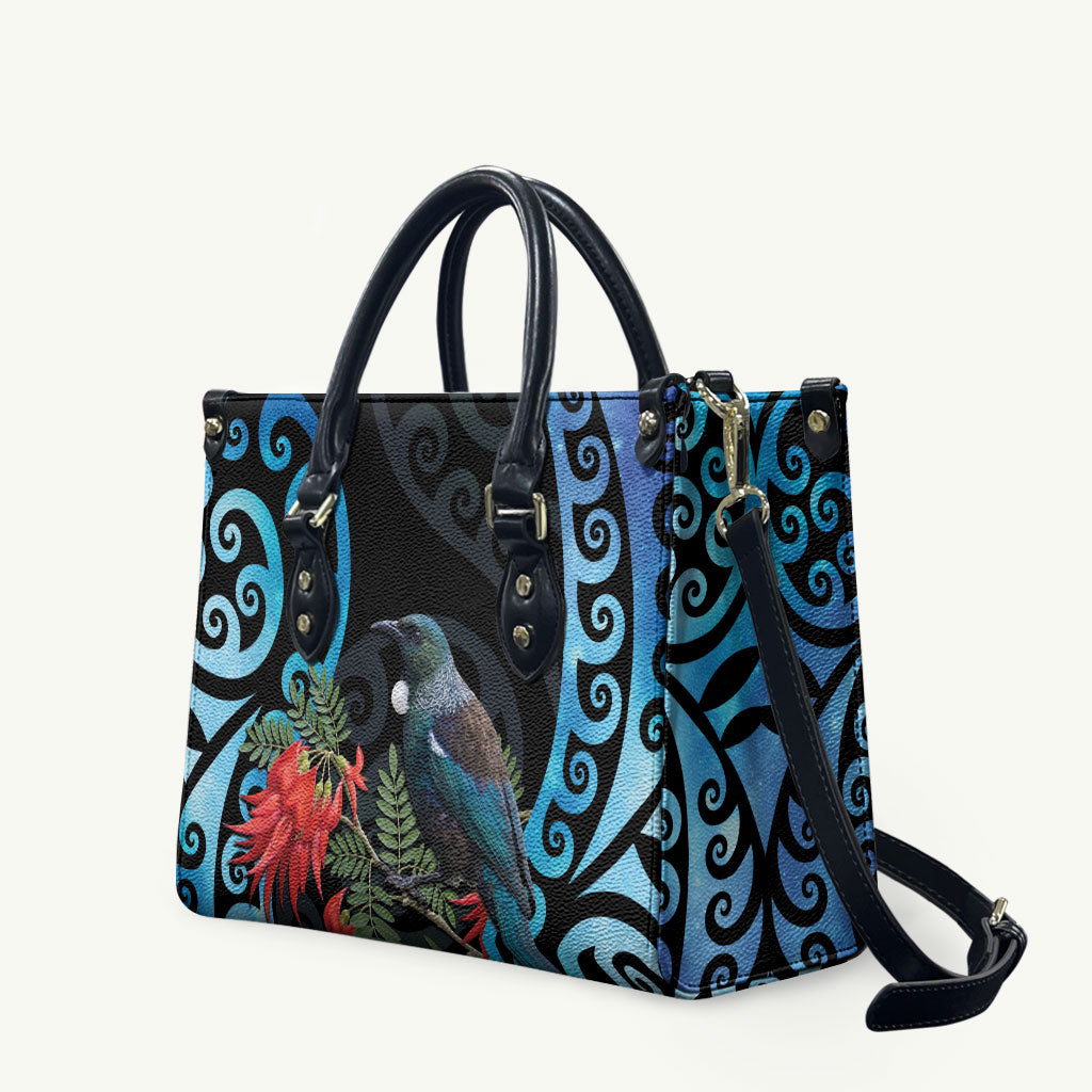 Tui Bird Kakabeak New Zealand Leather Bag Clianthus Galaxy Maori Koru Pattern LT22 Blue - Polynesian Pride