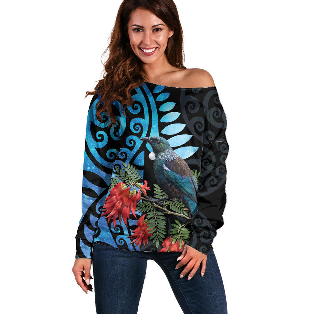 Tui Bird Kakabeak New Zealand Off Shoulder Sweater Clianthus Galaxy Maori Koru Pattern LT22 Women Blue - Polynesian Pride