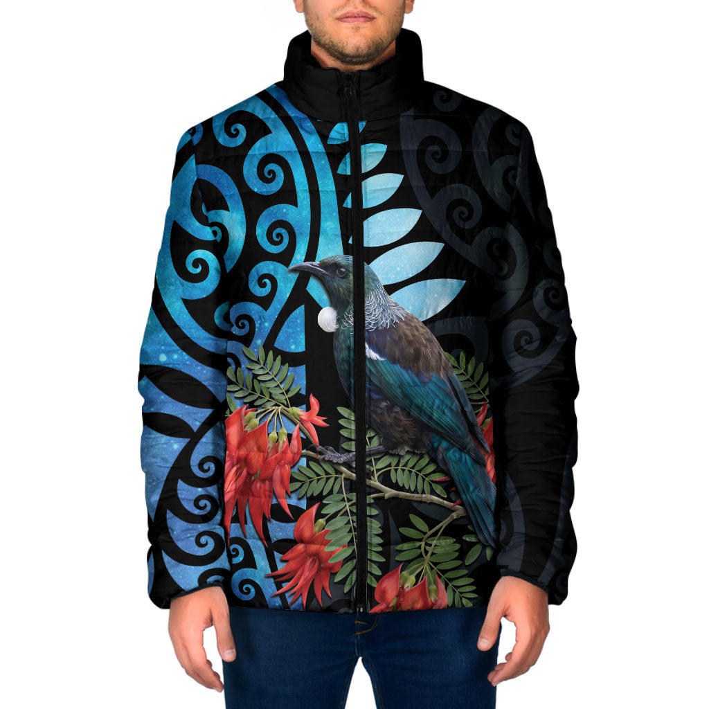 Tui Bird Kakabeak New Zealand Padded Jacket Clianthus Galaxy Maori Koru Pattern LT22 Men Blue - Polynesian Pride