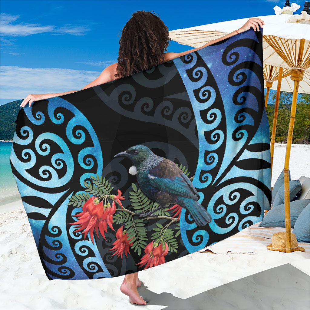 Tui Bird Kakabeak New Zealand Sarong Clianthus Galaxy Maori Koru Pattern LT22 One Size 44 x 66 inches Blue - Polynesian Pride