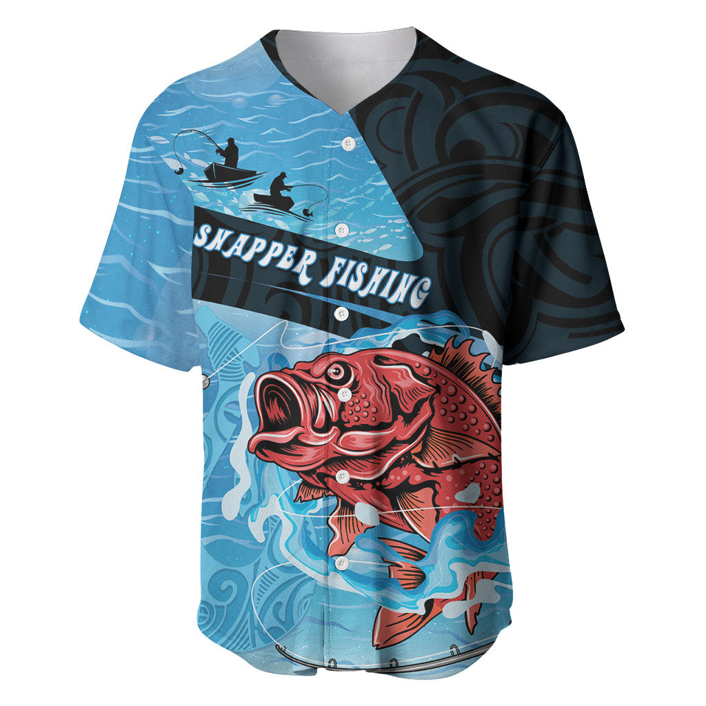 Personalised Snapper Fishing New Zealand Baseball Jersey Tamure Fish Hook Maori Pattern LT22 Blue - Polynesian Pride