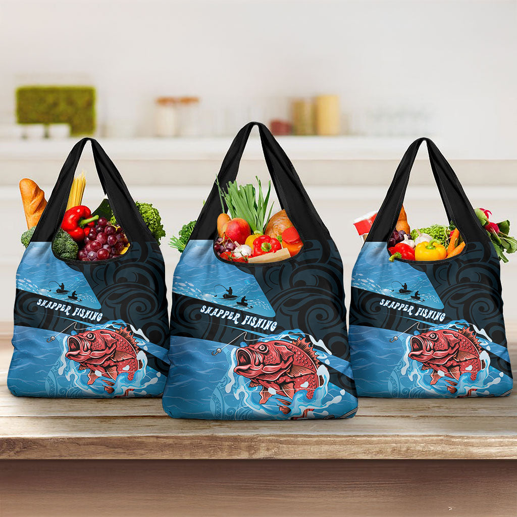 Snapper Fishing New Zealand Grocery Bag Tamure Fish Hook Maori Pattern LT22 3-pack One Size Blue - Polynesian Pride