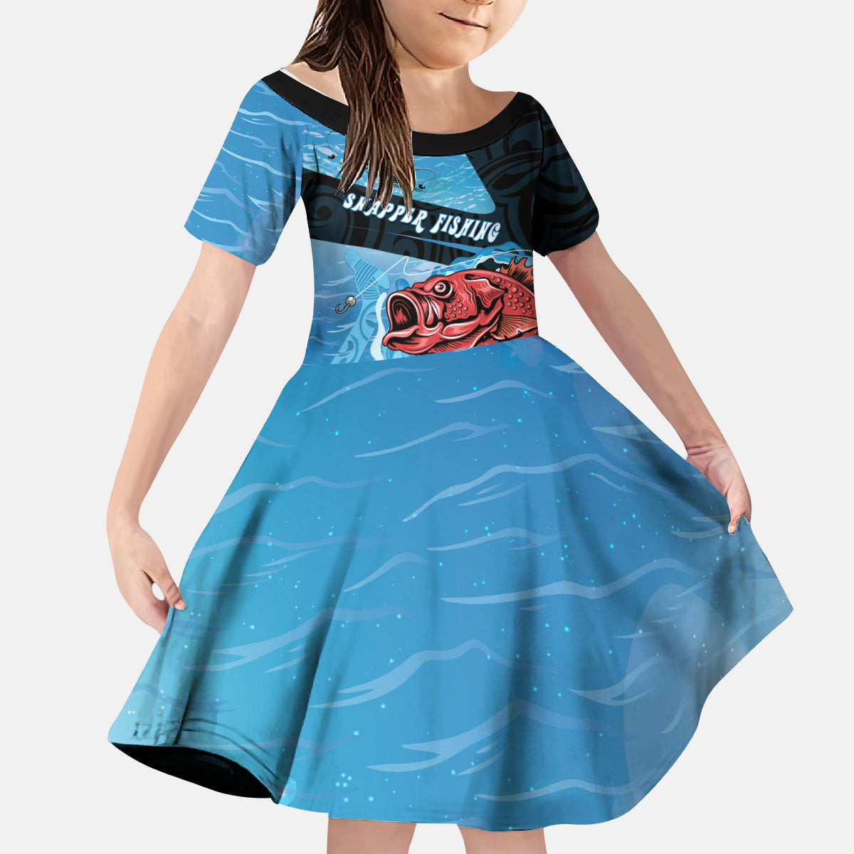 Personalised Snapper Fishing New Zealand Kid Short Sleeve Dress Tamure Fish Hook Maori Pattern LT22 KID Blue - Polynesian Pride