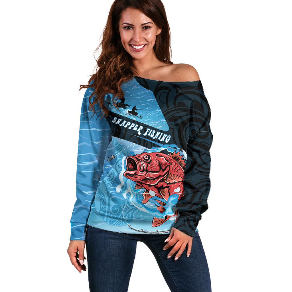 Personalised Snapper Fishing New Zealand Off Shoulder Sweater Tamure Fish Hook Maori Pattern LT22 Women Blue - Polynesian Pride