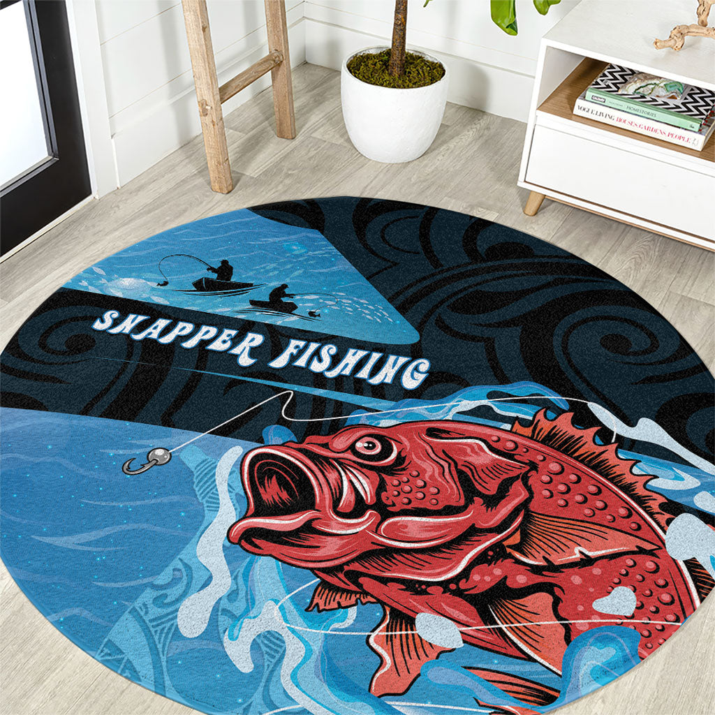 Snapper Fishing New Zealand Round Carpet Tamure Fish Hook Maori Pattern LT22 Blue - Polynesian Pride