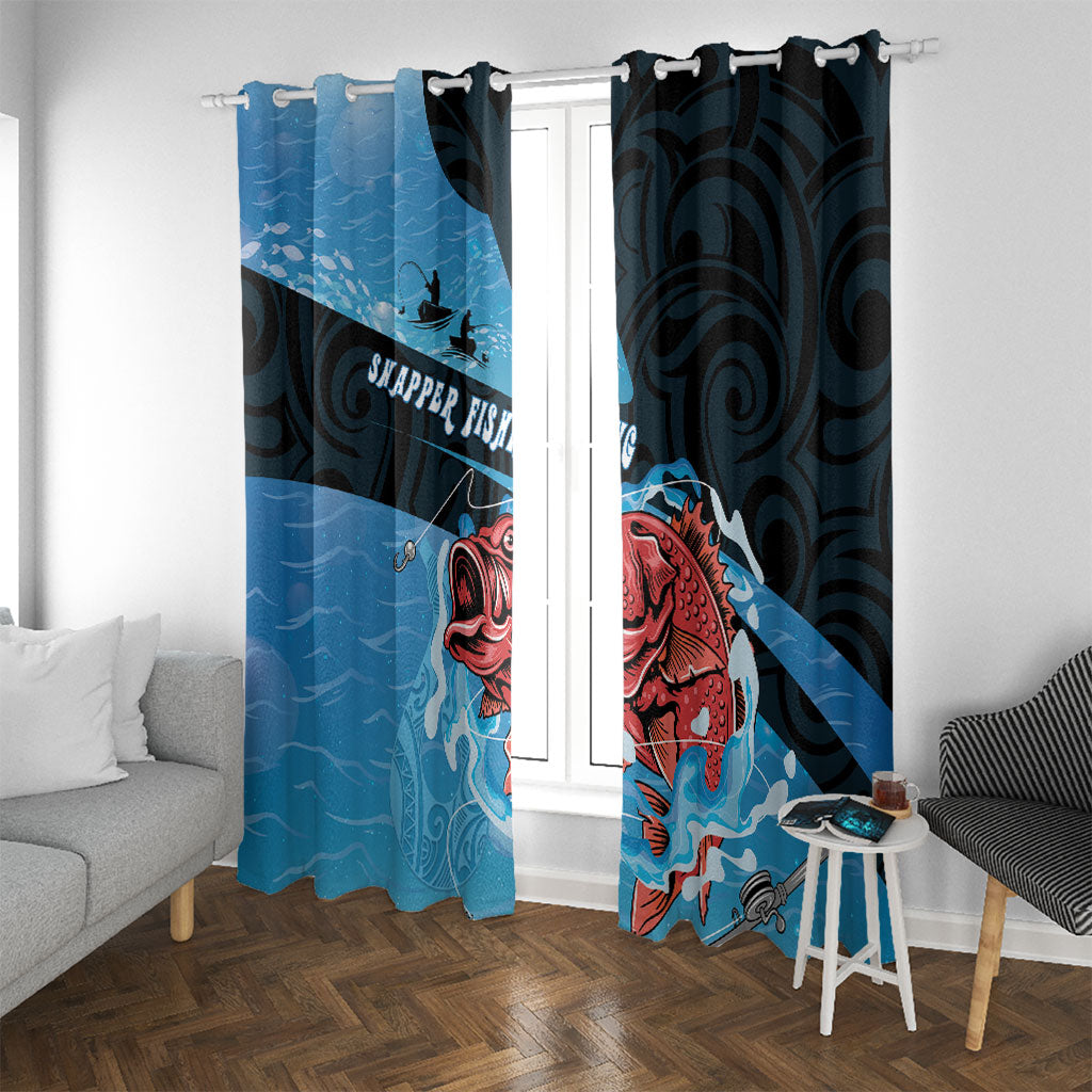 Snapper Fishing New Zealand Window Curtain Tamure Fish Hook Maori Pattern LT22 With Grommets Blue - Polynesian Pride
