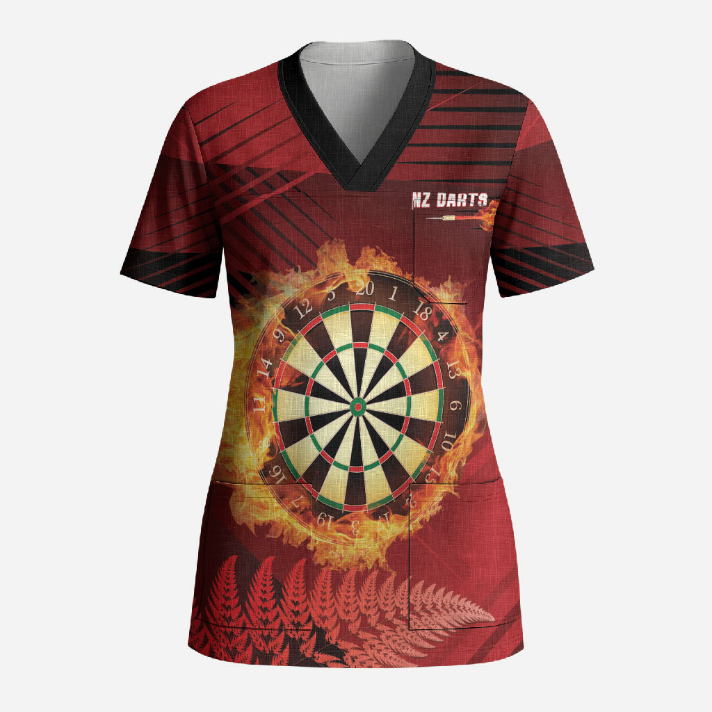 Personalised Darts New Zealand Scrub Top Silver Fern Red Color LT22 Adult Red - Polynesian Pride