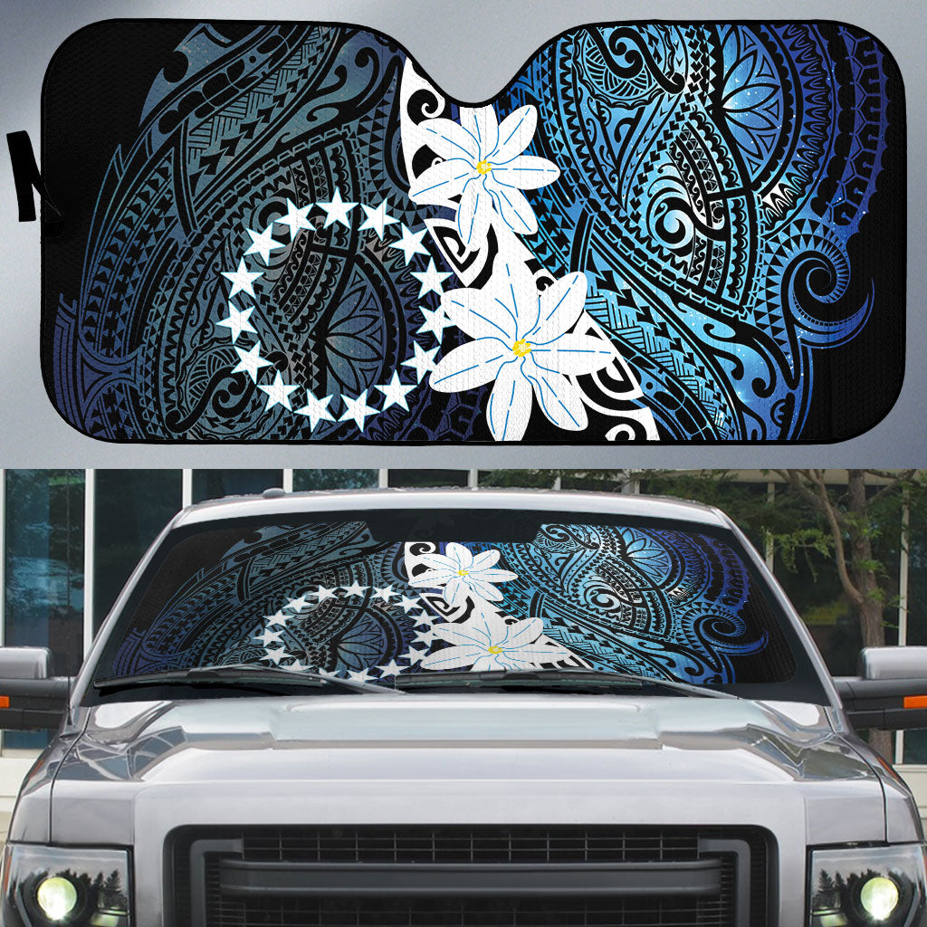 Cook Islands Maori Language Week Auto Sun Shade Tiare Maori Kuki Airani Blue Pattern LT22 Blue - Polynesian Pride