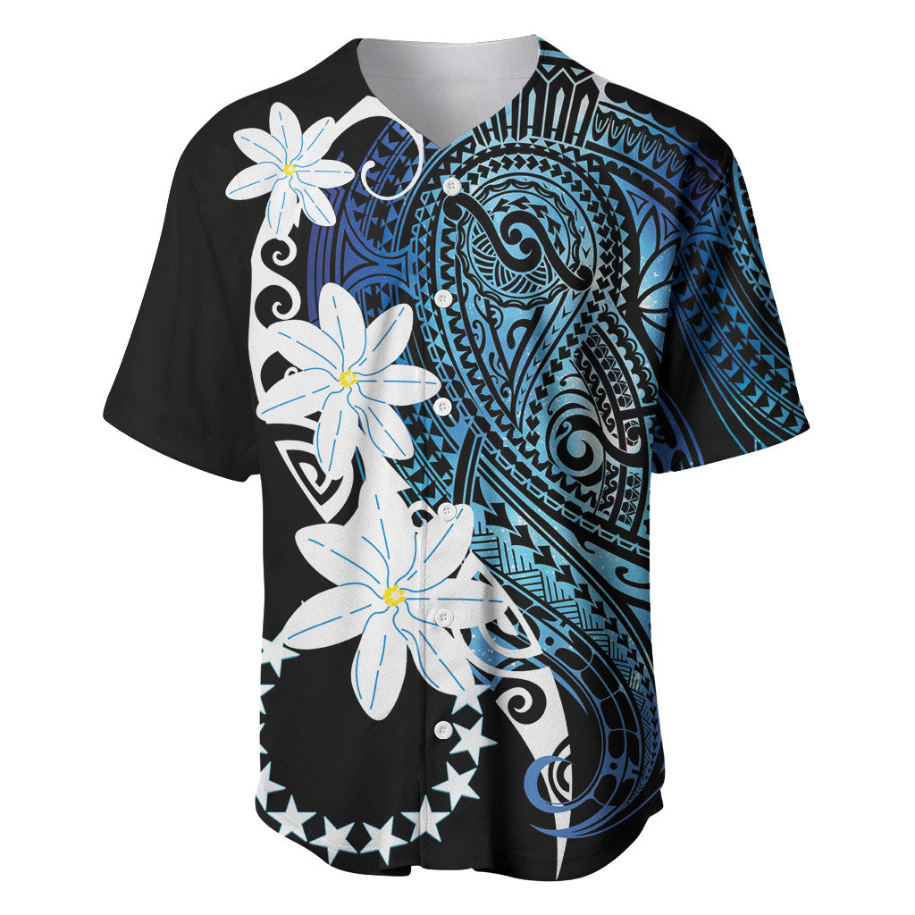 Cook Islands Maori Language Week Baseball Jersey Tiare Maori Kuki Airani Blue Pattern LT22 Blue - Polynesian Pride
