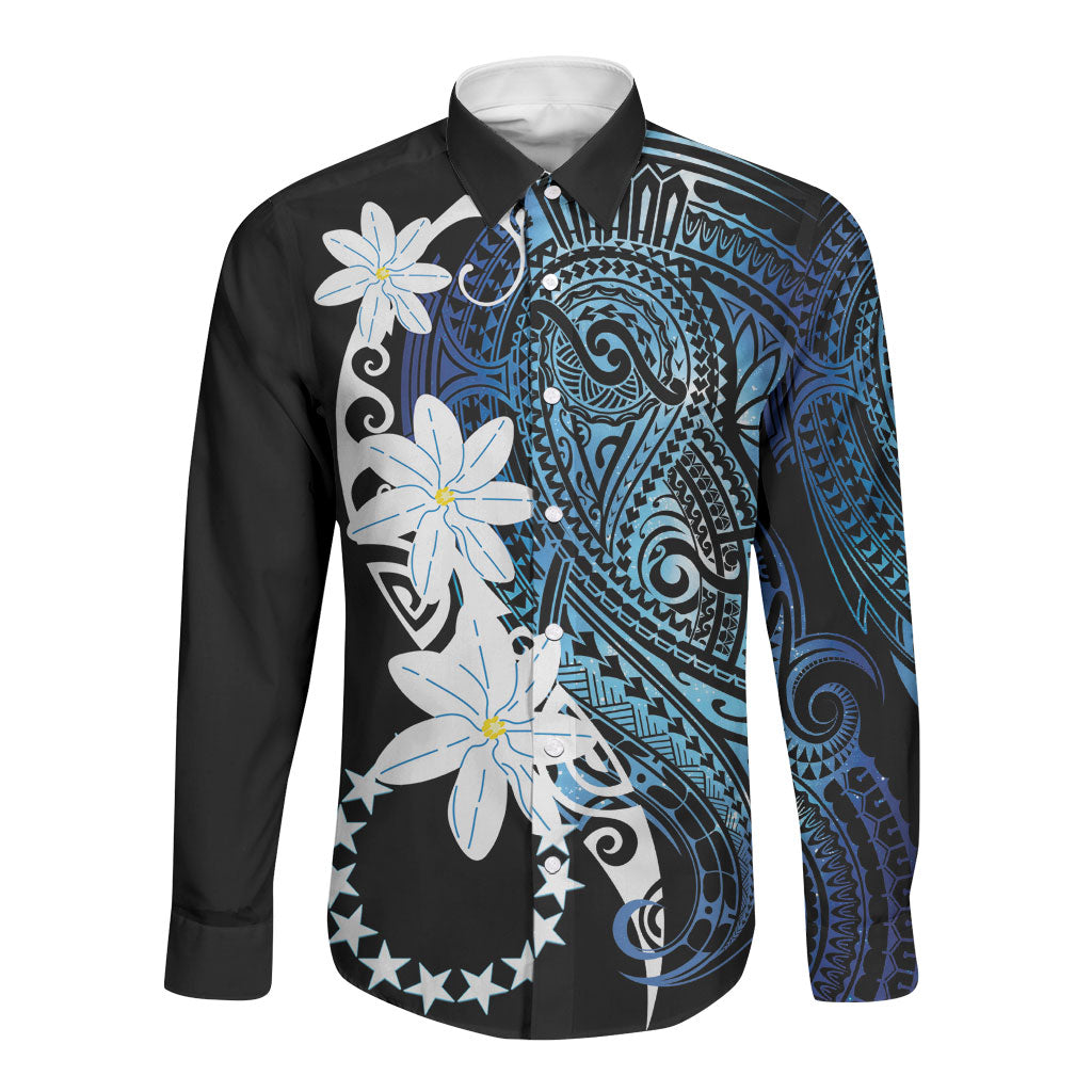 Cook Islands Maori Language Week Long Sleeve Button Shirt Tiare Maori Kuki Airani Blue Pattern LT22 Unisex Blue - Polynesian Pride
