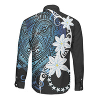 Cook Islands Maori Language Week Long Sleeve Button Shirt Tiare Maori Kuki Airani Blue Pattern LT22 - Polynesian Pride