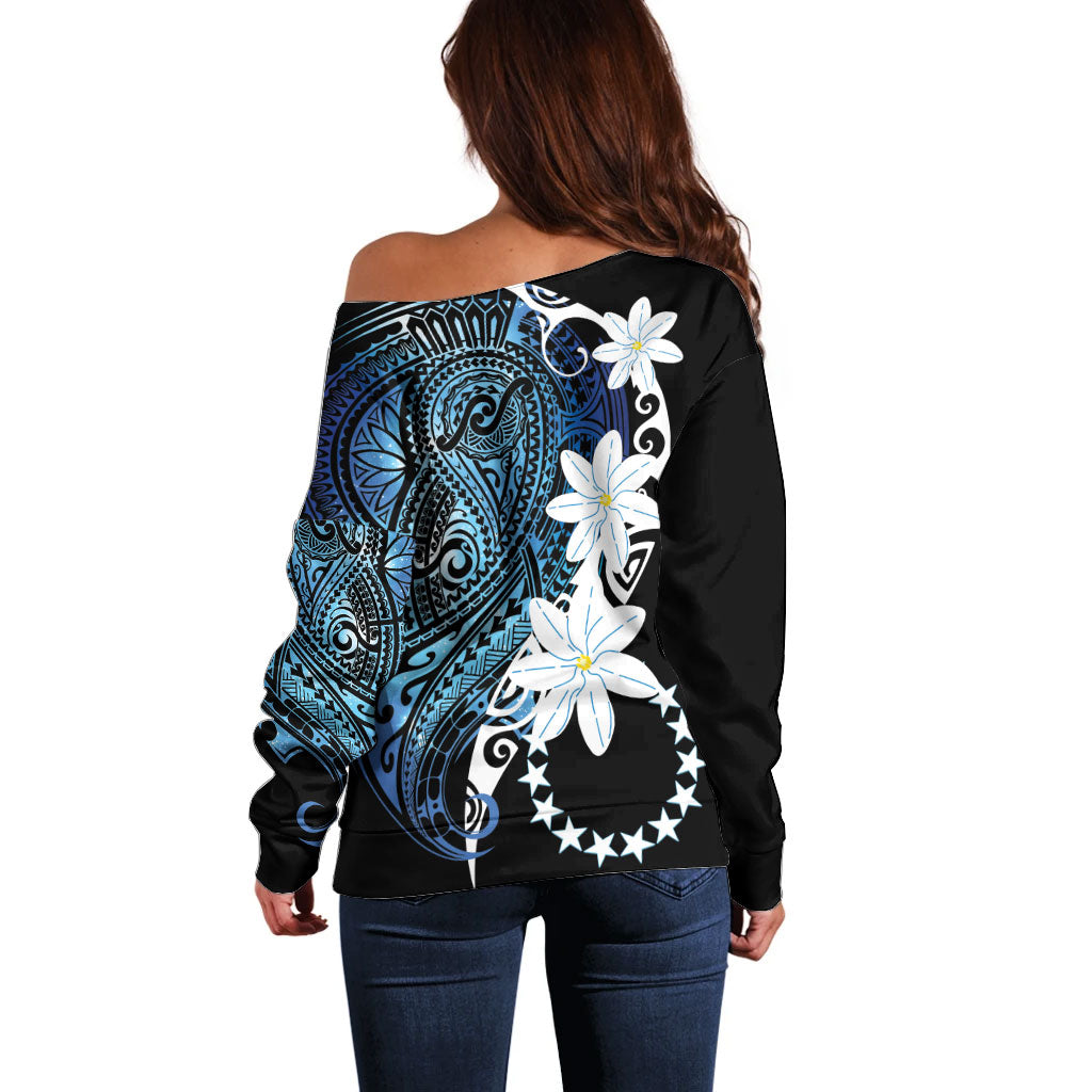 Cook Islands Maori Language Week Off Shoulder Sweater Tiare Maori Kuki Airani Blue Pattern LT22 - Polynesian Pride