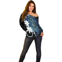 Cook Islands Maori Language Week Off Shoulder Sweater Tiare Maori Kuki Airani Blue Pattern LT22 - Polynesian Pride