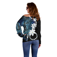 Cook Islands Maori Language Week Off Shoulder Sweater Tiare Maori Kuki Airani Blue Pattern LT22 - Polynesian Pride