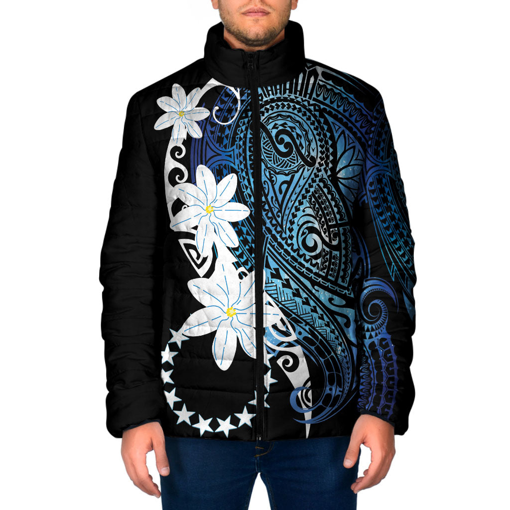 Cook Islands Maori Language Week Padded Jacket Tiare Maori Kuki Airani Blue Pattern LT22 Men Blue - Polynesian Pride