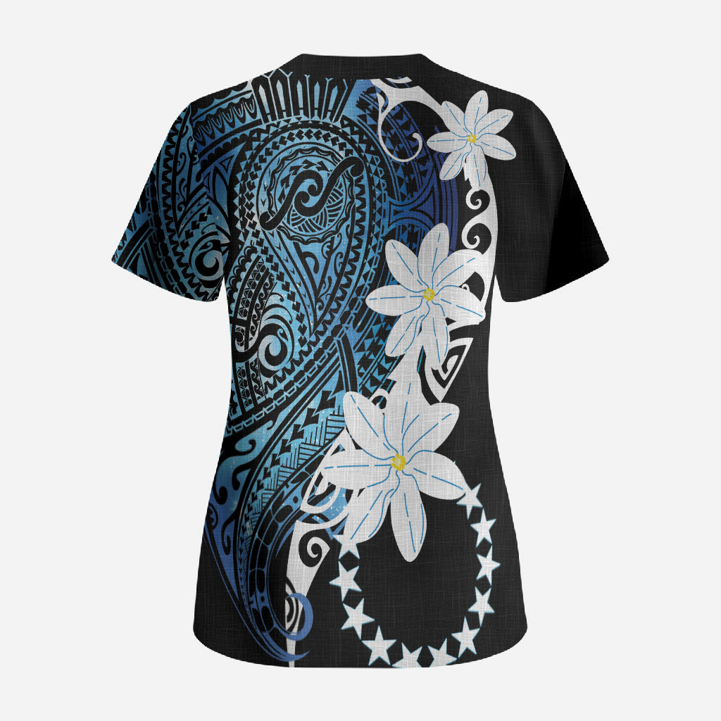 Cook Islands Maori Language Week Scrub Top Tiare Maori Kuki Airani Blue Pattern LT22 - Polynesian Pride