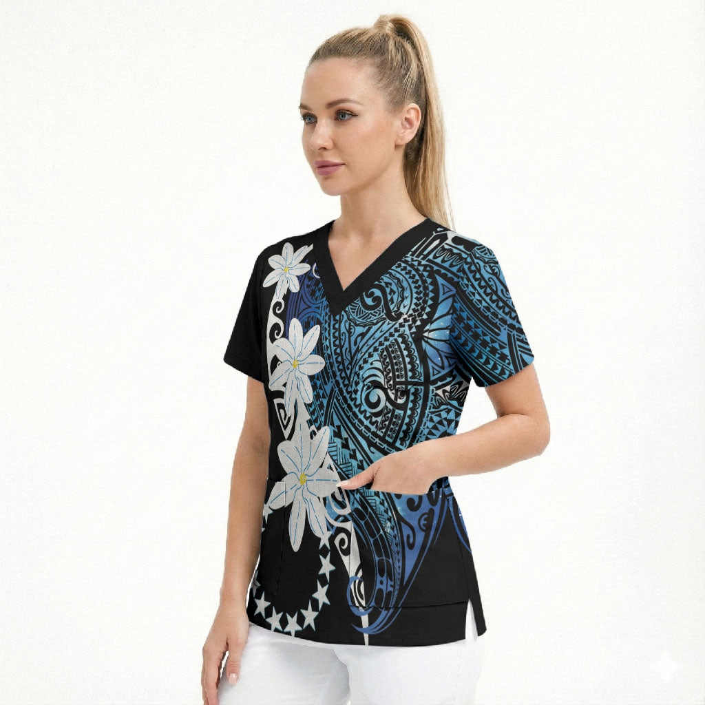 Cook Islands Maori Language Week Scrub Top Tiare Maori Kuki Airani Blue Pattern LT22 - Polynesian Pride