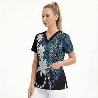 Cook Islands Maori Language Week Scrub Top Tiare Maori Kuki Airani Blue Pattern LT22 - Polynesian Pride